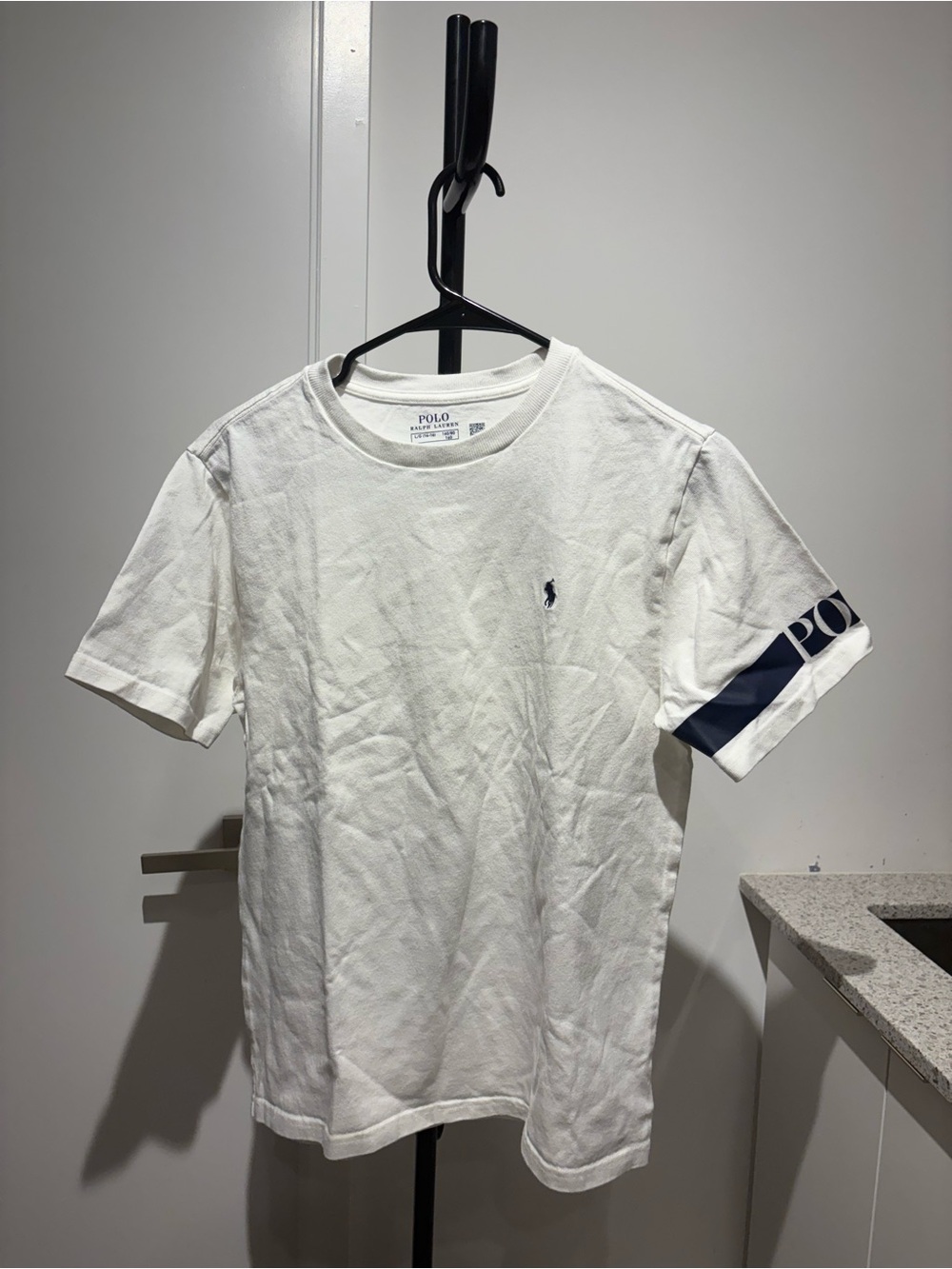 Polo by Ralph Lauren White Short-Sleeve Crew with Navy Sleeve Detail